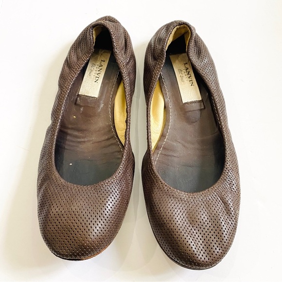 LANVIN Paris brown leather perforated ballet flats - Picture 1 of 8